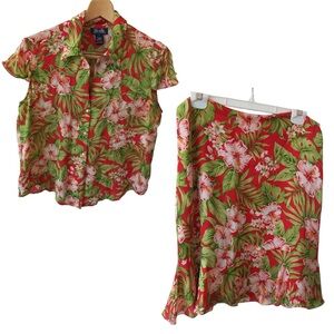 Jones New York Signature Women's Tropical Floral Silk Fabric Blouse/Skirt Set